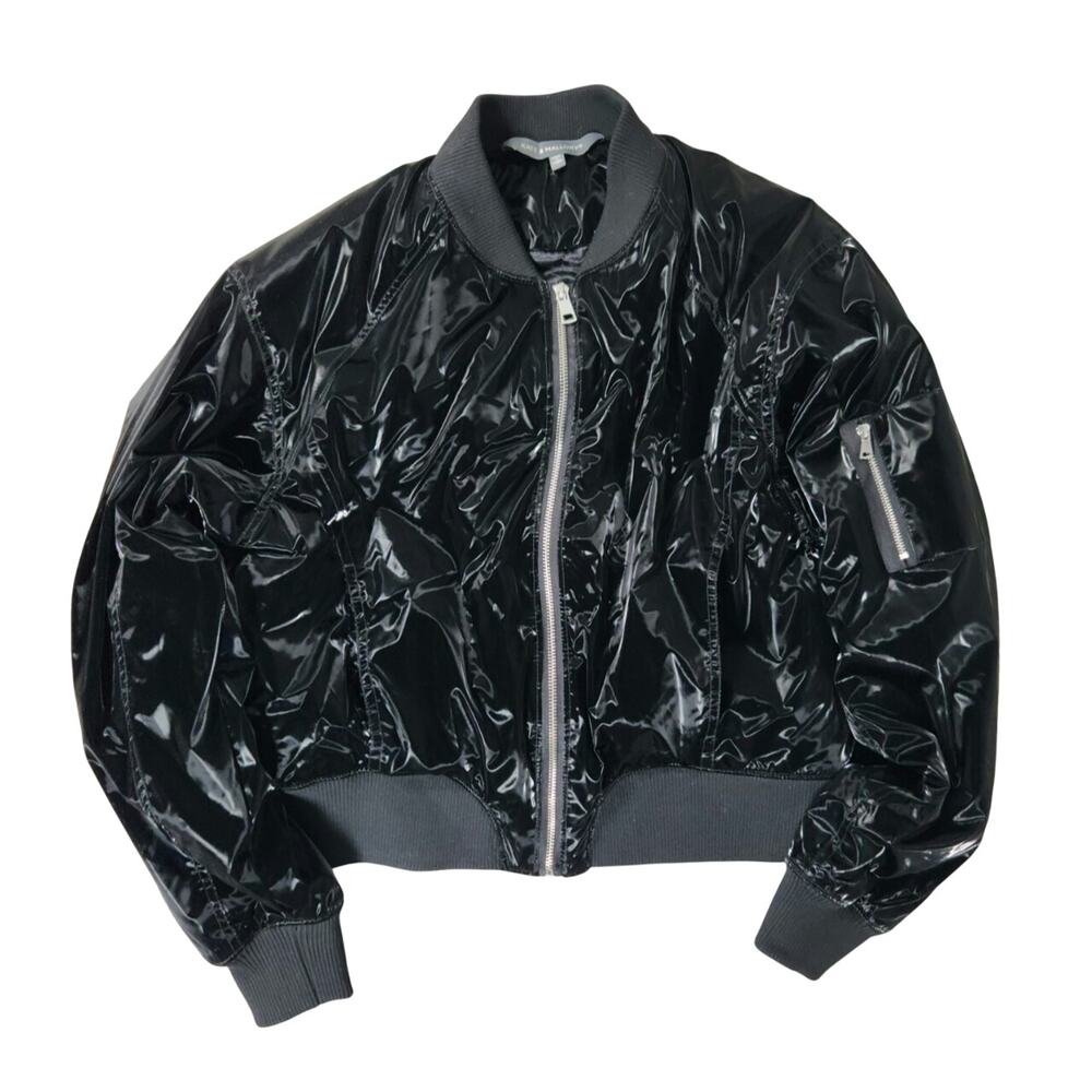 Kate & Mallory Black Patent Vinyl Glossy Bomber Jacket Full Zip Pocket Size M